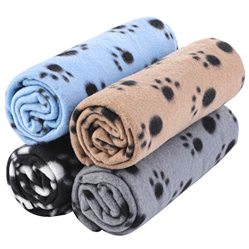 Aodaer Paquete de 4 mantas para mascotas con estampado de patas, manta de animales para perros pequeños, color negro, gris, beige y azul claro, 70 x 100 cm