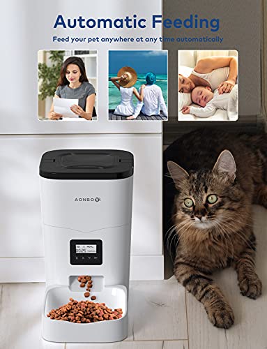 AONBOY Comedero Gato/Perro, Dispensador Automático Comida Gatos, Tapa Deslizante, Control de Tiempo 1-4 Comidas al día, Grabación de Voz 10S, Adecuado para Mascotas Pequeñas y Medianas