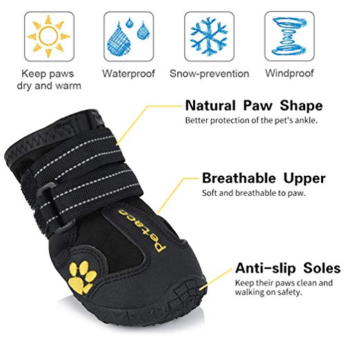 AQH Zapatos Perro, 4 Pcs Zapatos Impermeables para Perros, con Banda Reflectante Suelas de Goma Antideslizantes Resistentes (4#, Negro)