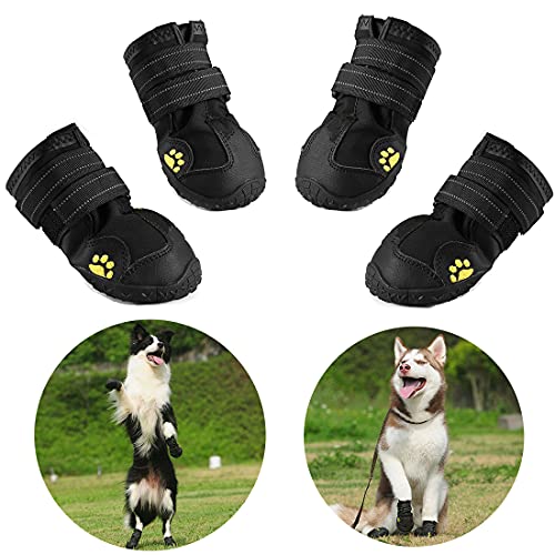 AQH Zapatos Perro, 4 Pcs Zapatos Impermeables para Perros, con Banda Reflectante Suelas de Goma Antideslizantes Resistentes (5#, Negro)