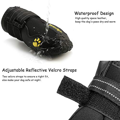 AQH Zapatos Perro, 4 Pcs Zapatos Impermeables para Perros, con Banda Reflectante Suelas de Goma Antideslizantes Resistentes (5#, Negro)