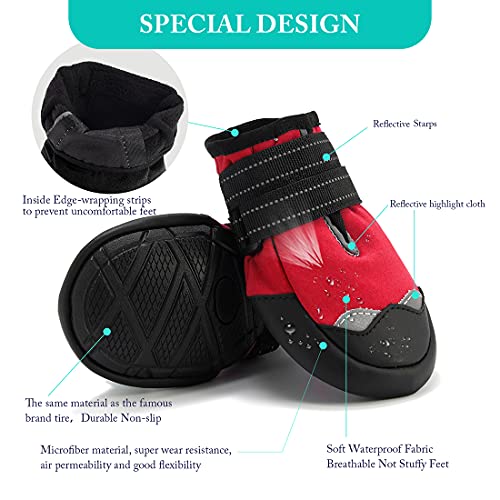 AQH Zapatos Perro, 4 Pcs Zapatos para Perros Botas, Impermeables para Perros Botines Antideslizante y elástica Resistente para Mediano y Grandes Perros (2#, Rojo)