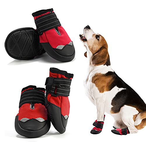 AQH Zapatos Perro, 4 Pcs Zapatos para Perros Botas, Impermeables para Perros Botines Antideslizante y elástica Resistente para Mediano y Grandes Perros (2#, Rojo)