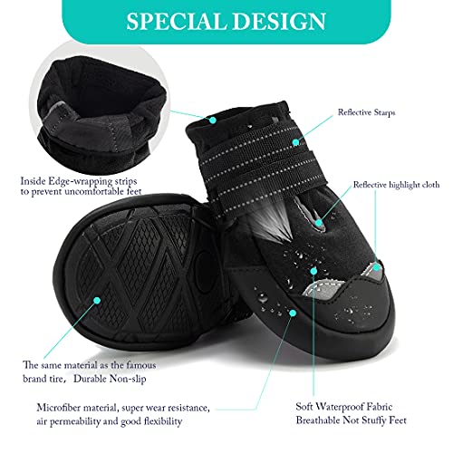 AQH Zapatos Perro, 4 Pcs Zapatos para Perros Botas, Impermeables para Perros Botines Antideslizante y elástica Resistente para Mediano y Grandes Perros (6#, Negro)