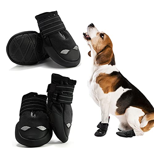 AQH Zapatos Perro, 4 Pcs Zapatos para Perros Botas, Impermeables para Perros Botines Antideslizante y elástica Resistente para Mediano y Grandes Perros (4#, Negro)