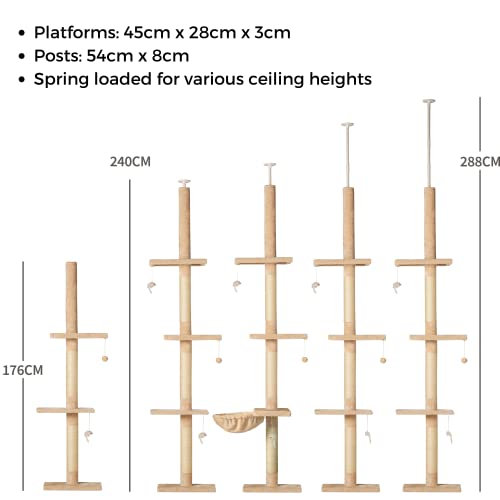 Árbol de Gato de 240 a 288 cm con Hamaca de Felpa, Cama y Poste de rasguño, Hamaca Colgante Beige con Poste para rascar y 3 Plataformas Grandes, Runesol Techo a Suelo