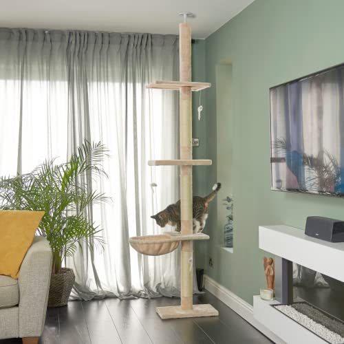 Árbol de Gato de 240 a 288 cm con Hamaca de Felpa, Cama y Poste de rasguño, Hamaca Colgante Beige con Poste para rascar y 3 Plataformas Grandes, Runesol Techo a Suelo