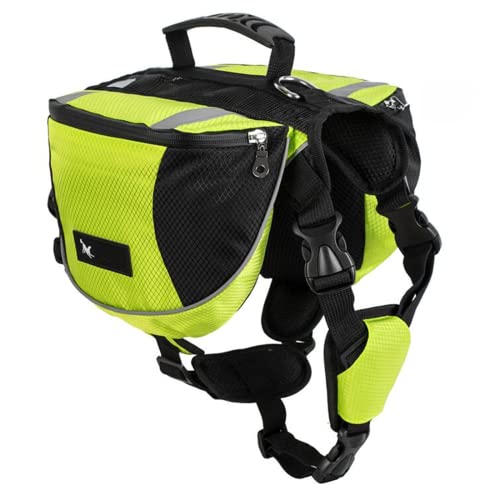 Arnés Chaleco Mochila para Perro Mediano y Grande, Bolsa Sillín Portador Impermeable para Senderismo Viaje Paseo, Alforja Ajustable con Tira Reflectante para Mascota (Verte, L (Perro 28kg - 40kg)