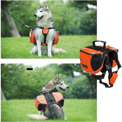 Arnés Chaleco Mochila para Perro Mediano y Grande, Bolsa Sillín Portador Impermeable para Senderismo Viaje Paseo, Alforja Ajustable con Tira Reflectante para Mascota (Naranja, M (Perro 18kg - 28kg)