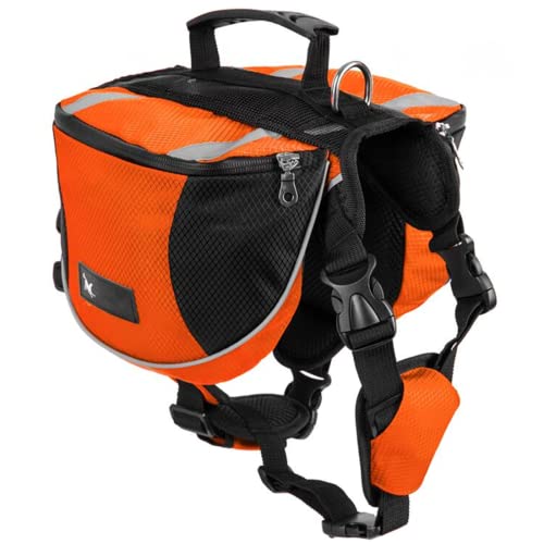 Arnés Chaleco Mochila para Perro Mediano y Grande, Bolsa Sillín Portador Impermeable para Senderismo Viaje Paseo, Alforja Ajustable con Tira Reflectante para Mascota (Naranja, M (Perro 18kg - 28kg)