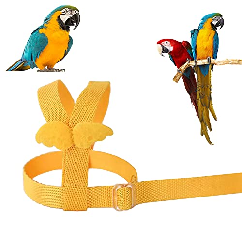 Arnés de loros ajustable para pájaros para mascotas, correa de cuerda de entrenamiento al aire libre, correa elástica antimordedura para pájaros, loros, cacatúas guacamayos (amarillo, S)