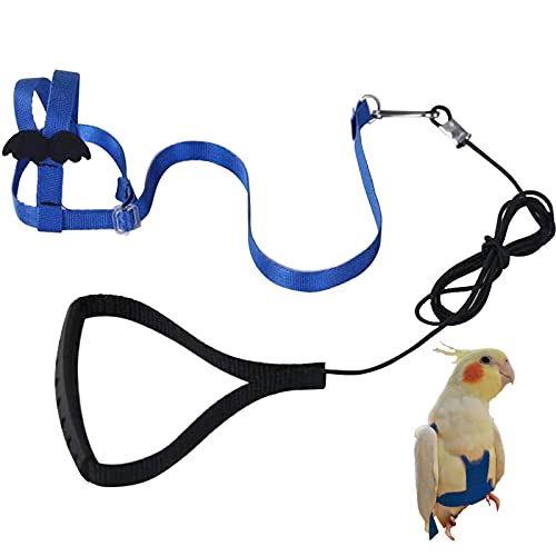 Arnés de loros ajustable para pájaros para mascotas, correa de cuerda de entrenamiento al aire libre, correa elástica antimordedura para pájaros, loros, cacatúas guacamayos (azul, L)