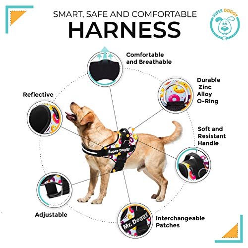 Arnés de Perro Ajustable y Reflectante - Tamaño Pequeño, Mediano, Grande - Incluye 2 Etiquetas Intercambiables - Material Resistente, Transpirable y Duradero (M 13-22KG, Donuts)