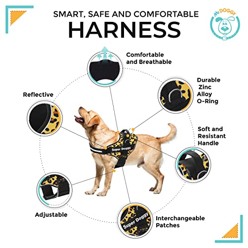 Arnés de Perro Ajustable y Reflectante - Tamaño Pequeño, Mediano, Grande - Incluye 2 Etiquetas Intercambiables - Material Resistente, Transpirable y Duradero (XS 3-7KG, Leopard)