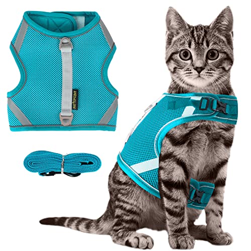 Arnes Gato Anti-Escape con Malla,Ajustable Arnés para Gato , Tiras Reflectantes de Borde Completo Que brindan protección para Gatos Que Caminan de Noche (M, Verde)