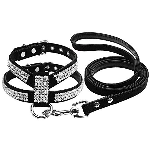 Arnés para Perro con Diamantes De Imitación Suave Y Brillante, Juego De Arnés Y Correa para Cachorro De Gato De Cuero De Gamuza De Diamantes para Perros Pequeños Medianos Chihuahua S M L-Negro_S.