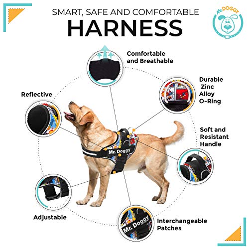 Arnés Personalizado para Perros - Arnés para Perros Reflectante y Seguro - Incluye 2 Etiquetas con Nombre - Tamaño Pequeño, Mediano y Grande - De Calidad y Resistente (XL 30-45KG, Cómic)