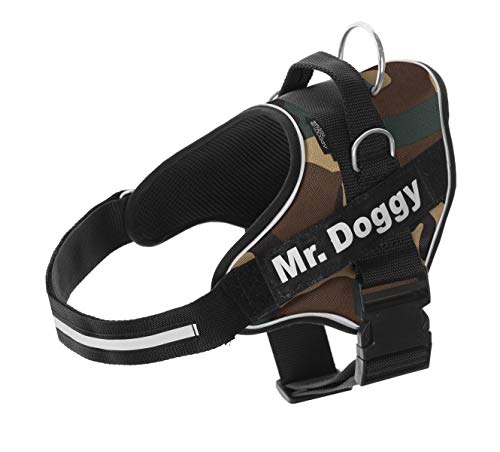 Arnés Personalizado para Perros - Estampado - Reflectante - Incluye 2 Etiquetas Personalizables con Nombre - Todos los Tamaños (Estampado, M 12,5-20KG) (M 13-22KG, Camuflaje)