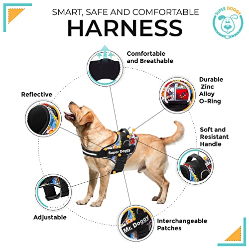 Arnes Personalizado para Perros - Tamaño Pequeño, Mediano y Grande - Incluye 2 Etiquetas con Nombre - Pechera para Perros Reflectante y Seguro - De Calidad y Resistente (XS 3-7KG, Cómic)