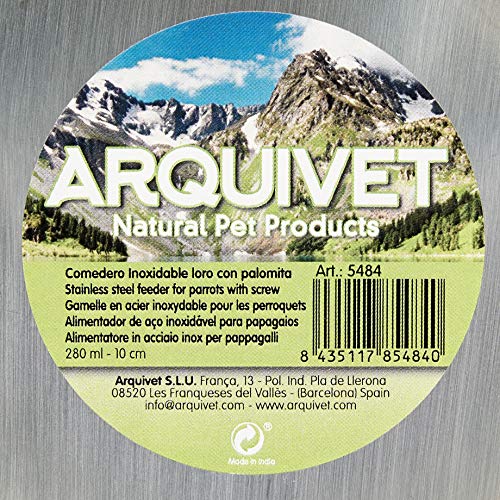 Arquivet Comedero de Acero Inoxidable Loro con palomita 280 ml para pájaros - Accesorios para Aves - Alimentador para pájaros - Contenedor de Comida para Aves