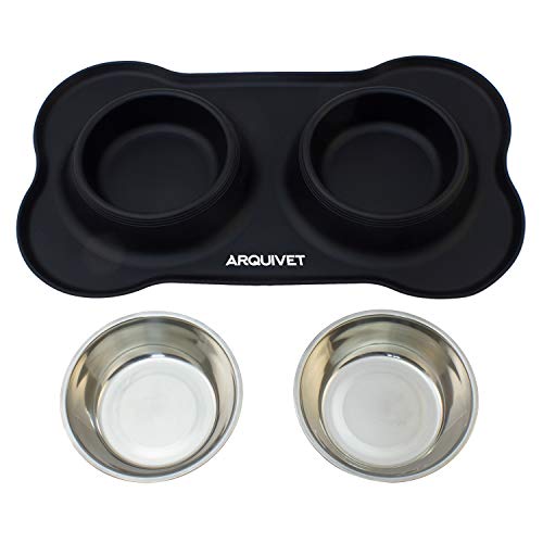 ARQUIVET Comedero y Bebedero Doble para Perros y Gatos - Cuenco de Acero Inoxidable - Base de Silicona Antideslizante y antivuelcos - Accesorios Comida Mascotas - 2 x 400 ml