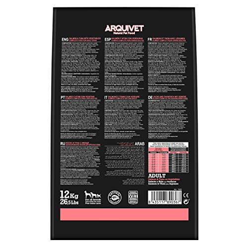 ARQUIVET Grain Free - Adult Salmón y atún con Verduras 12 Kg - Pienso Natural para Perros Adultos de Todas Las Razas - Sin Cereales y sin Gluten - Hipoalergénico - Comida para Perros