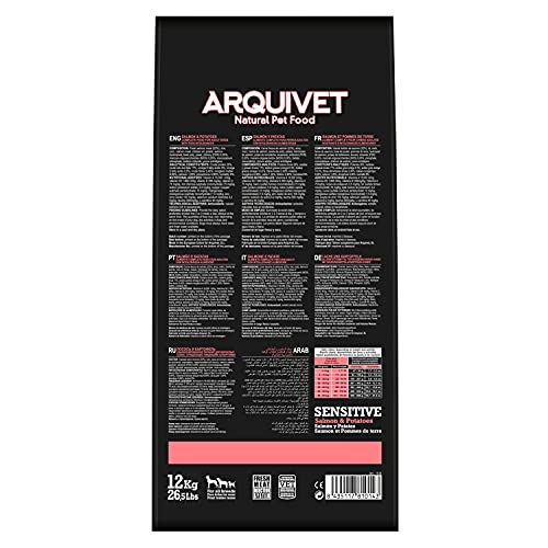 Arquivet Sensitive Salmón y Patata - 12 kg - Pienso Natural para Perros Adultos de Todas Las Razas - Alimento seco - Pienso Super Premium Pescado Fresco - Salud Pelo, Piel, Huesos y articulaciones