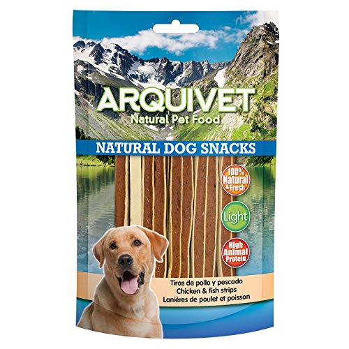 Arquivet Tiras de Pollo y Pescado 100 gr - Snacks 100% Naturales para Perros - Chuches, premios, golosinas, chucherías y recompensas caninas - Producto bajo en Grasas, Light