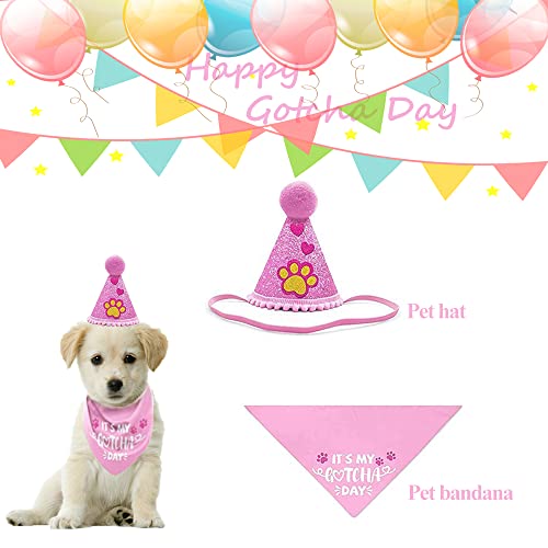 ASOCEA Gotcha Day Bandana para perro para niño y niña bufanda triangular de feliz cumpleaños baberos accesorios de decoración para fiestas de adopción de mascotas sombrero de cono azul pancartas globo