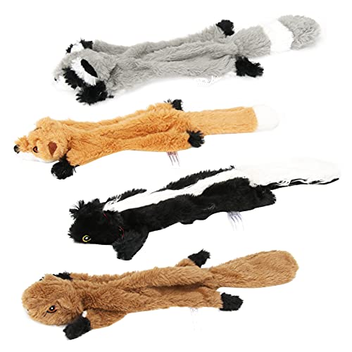 Augot Juguetes para Perros Cachorros, 4 Unidades Sin Relleno Juguetes para Perros Seguros y No Tóxicos Juguetes Perro Duraderos Peluche Perro para Perros - Zorrillo, Ardilla, Piel de Mapache, Zorro