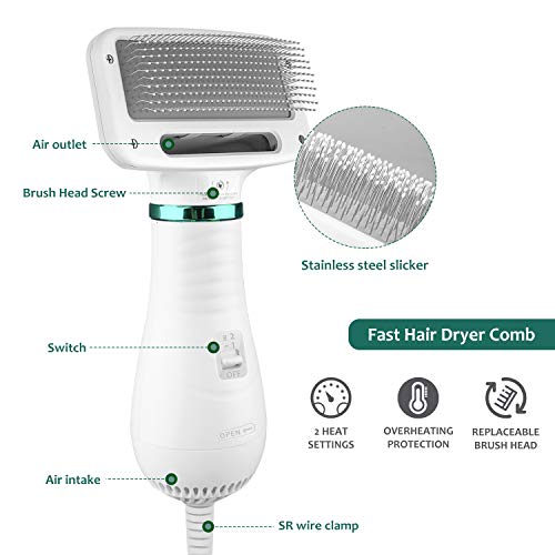 AUKUYEE Cepillo para Perros y Gatos, Portátil y Silencioso 2 En 1 Eléctrica Secador De Pelo Peine Perros Gatos Grooming Cepillo Peine Y Secadora Accesorios Protege el Cabello, Temperatura Ajustable