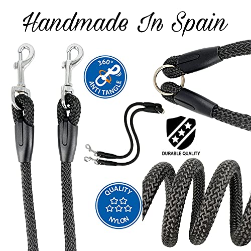 AVANZONA Correa Perro Doble Nylon Redondo, Hecho a Mano en la UE, Antitirones para Pasear 2 Perros, Entrenamiento para Perros pequeños medianos y Grandes 55cm (Negro)