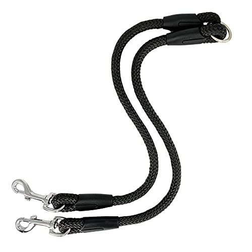 AVANZONA Correa Perro Doble Nylon Redondo, Hecho a Mano en la UE, Antitirones para Pasear 2 Perros, Entrenamiento para Perros pequeños medianos y Grandes 55cm (Negro)