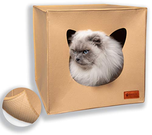 AVEELO Cueva para gatos de fieltro con suelo antideslizante, apta para estantería IKEA Kallax y Expedit, con cojín extraíble, cueva de fieltro para gatos y perros pequeños, cesta para gatos (beige)