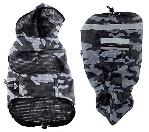 Babydog Abrigo Chaleco Impermeable para Perro con Capucha, Forro Transpirable y Sin Mangas, Cierre Velcro, Bolsillo Espalda, Modelo Camuflaje Militar (M, Negro)