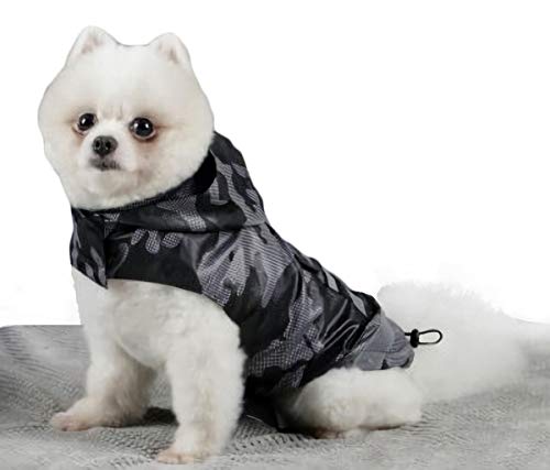 Babydog Abrigo Chaleco Impermeable para Perro con Capucha, Forro Transpirable y Sin Mangas, Cierre Velcro, Bolsillo Espalda, Modelo Camuflaje Militar (M, Negro)