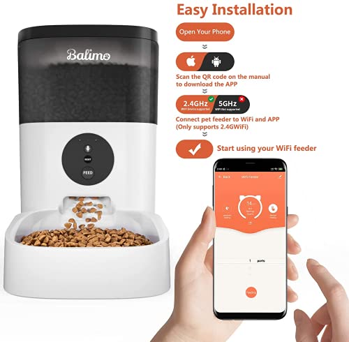 Balimo Alex 4L 2.4G WiFi Dispensador automático de Comida para Gatos y Perros, con Sonido, función de grabación, Temporizador y eliminación de aplicación