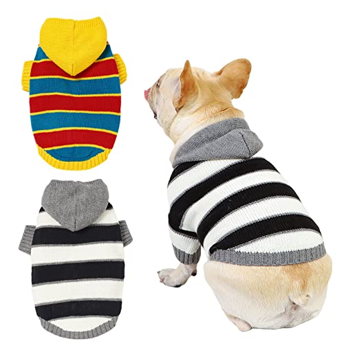 Banooo Suéter para perros y mascotas, con pequeñas rayas, de punto, para invierno, cálido, para perros y gatos, para cachorros, pequeño, mediano (gris, S)