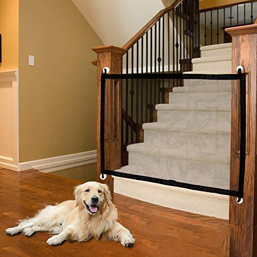 Barrera de seguridad para perros, puerta mágica para perros, gata, animales y animales retractables, barras, escaleras, cocina, puerta mágica para seguridad de bebé niño, 180 x 72 cm + 4 ganchos.