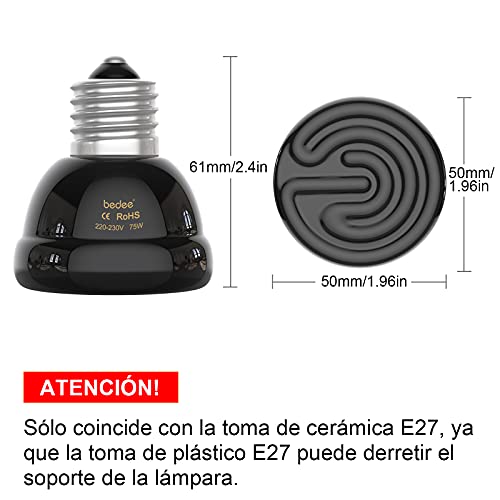 bedee Bombilla de Calor, Bombilla de Calor para Pollitos, 2 Unidades Bombilla Calor 75W, Bombilla Ceramica Reptiles Lampara Calor para Tortuga, Serpiente, Lagartos, Pollitos, Camaleón, E27, Negro