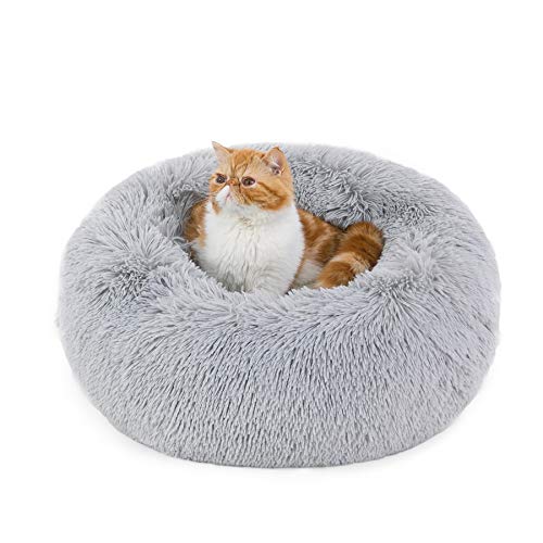 Bedsure Cama Gato Antiestres Invierno - Cama Perro Pequeño con Felpa Suave, Cojin Mascota de Pelo Relajante y Lavable, Gris Claro, 50x50cm