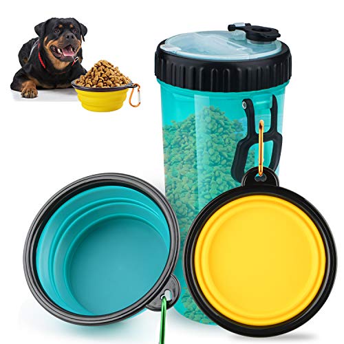 Beinhome Botella de Agua de Perro con 2 recipientes Plegables, contenedor de Alimentos 2en1 para la alimentación de Agua de Alimentos para Mascotas,recipientes de Agua para Perros para Caminar Viajar