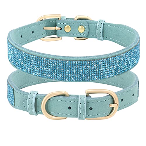 Beirui Collar de perro con diamantes de imitación con cristales brillantes, collar de cuero de gamuza suave para perros medianos y grandes, lindo collar con diamantes brillantes (azul, L)