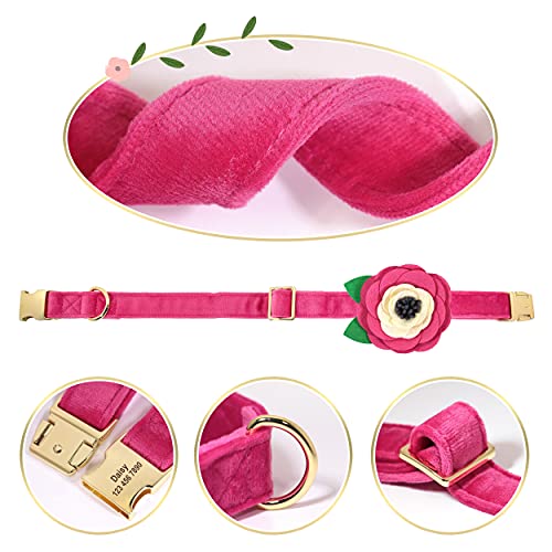 Beirui Collar de Terciopelo Suave para Perro con Accesorios de Flores extraíbles,Collar de Perro Personalizado con Placa de Nombre–Collar Adorable para Perros pequeños medianos Grandes(Rosa Fuerte,M)