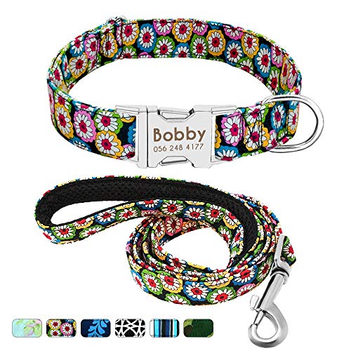 Beirui Collar Perro Personalizado con Hebilla de liberación rápida – Collares para Perros Personalizados con Patrones Florales – Bohemia Daisy Collar y Correa Perro - M(12-19.5"Cuello)