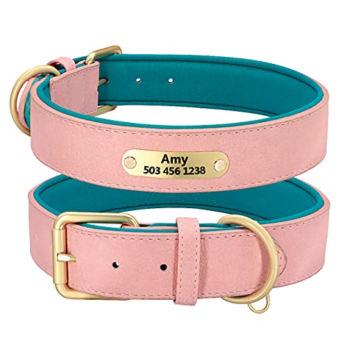 Beirui Collar personalizado de cuero para perros,Collar de perro de cuero multicolor para perros de niña, collar de perro acolchado suave para perros pequeños medianos y grandes que caminan (rosa, M)