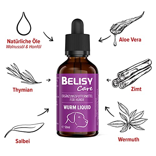 BELISY Líquido para lombrices para perros, 50 ml, líquido para desenredar gusanos, natural y compatible, con aceite de nuez y aloe vera, gotas para el desenredamiento de perros