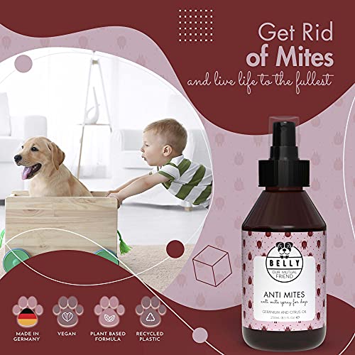 Belly Anti Mites Anti Pulgas - Spray Natural Antiácaros para Perros - Spray Antipulgas Perros y Cachorros - Anti Ácaros con Aceite de Geranio y Limón - Repelente de Garrapatas Natural y Vegano - 250ml