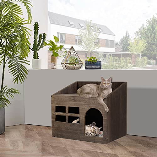 BingoPaw Cama Gato Cueva de Madera,Casa para Gatos Madera Natural con Mesita Superior Casitas para Gatos Interior Caseta Perro pequeño Chihuahua con Cojin Extraible Lavable Mueble para Mascotas <10KG