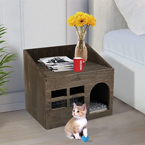 BingoPaw Cama Gato Cueva de Madera,Casa para Gatos Madera Natural con Mesita Superior Casitas para Gatos Interior Caseta Perro pequeño Chihuahua con Cojin Extraible Lavable Mueble para Mascotas <10KG